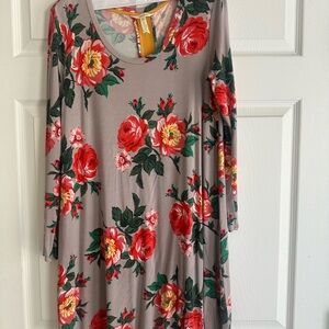 Matilda Jane Taupe Long Sleeve Floral Dress with Red & Yellow Roses